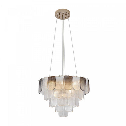 Lustre A 12 lampes Bianca, Nickel Poli, Verre Cristallin Fumé De Type Piastra