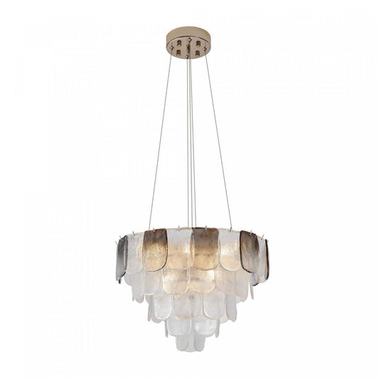 Lustre A 12 lampes Bianca, Nickel Poli, Verre Cristallin Fumé De Type Piastra