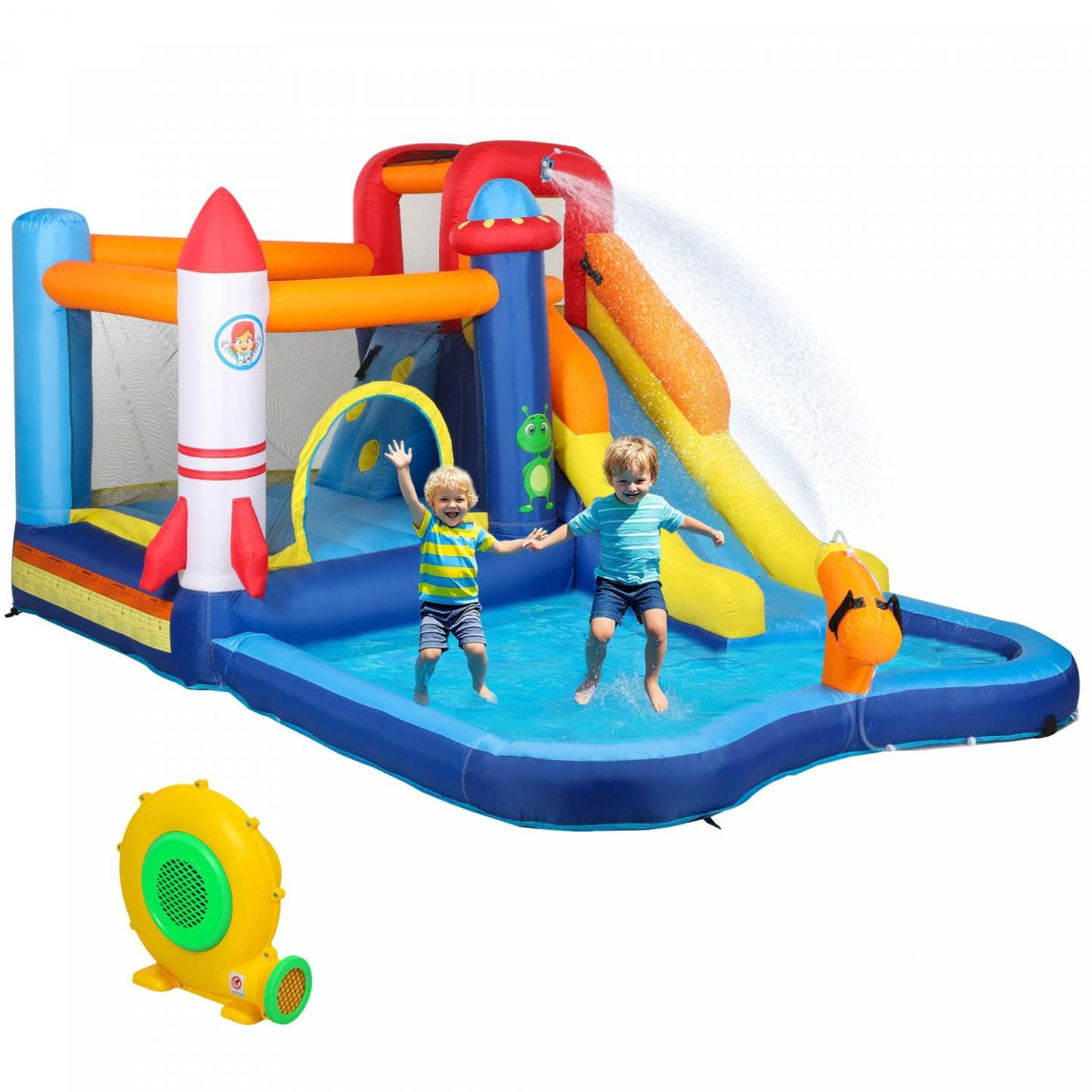 Qaba 11,8 X 8,2 pieds Maison Gonflable, Château Gonflable Pour Enfants En Plein Air Avec Souffleur 550w, 5 En 1 Bouncer Avec Toboggan, Piscine à Éclaboussures, Zone de Saut, Mur d'Escalade, Canon