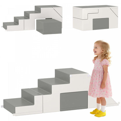 Qaba Kids Ensemble de Jeu en Mousse pour Rampement et Escalade Ensemble Interactif de 2 Pièces pour Escalade, Rampement, Glissade Zone de Jeu pour Bébé Préscolaire 1-3 Ans, Gris Clair