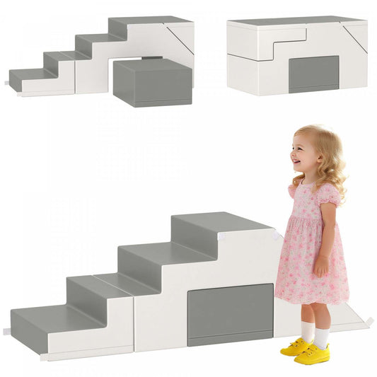Qaba Kids Ensemble de Jeu en Mousse pour Rampement et Escalade Ensemble Interactif de 2 Pièces pour Escalade, Rampement, Glissade Zone de Jeu pour Bébé Préscolaire 1-3 Ans, Gris Clair