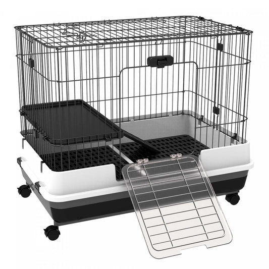 Pawhut 28h 2 niveaux Petite Cage pour Animaux avec Roues Universelles Verrouillables, Plateau Coulissant Fo|Pawhut Cage A Lapin Roulante Pour Petit Animal Domestique Habitat De Lapin Plateau Coulissant Avec R