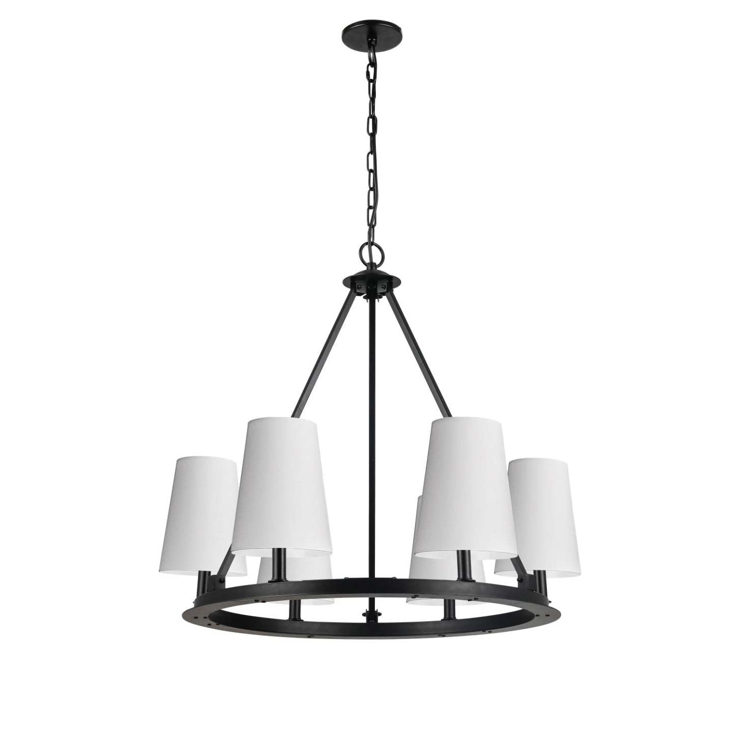 Dainolite Colby 6 Light Chandelier Matte Black 6 White Shades Lamp|Lustre Colby de Dainolite avec 6 abat-jour blancs, fini noir mat et 6 ampoules