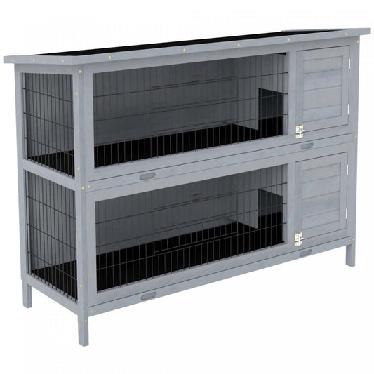 Pawhut 54 en bois grande cage à lapins à 2 étages, maison pour animaux de compagnie, habitat pour petits animaux avec portes verrouillables, bac anti-fuites et toit imperméable pour lapins, poules, canards, extérieur/intérieur gris