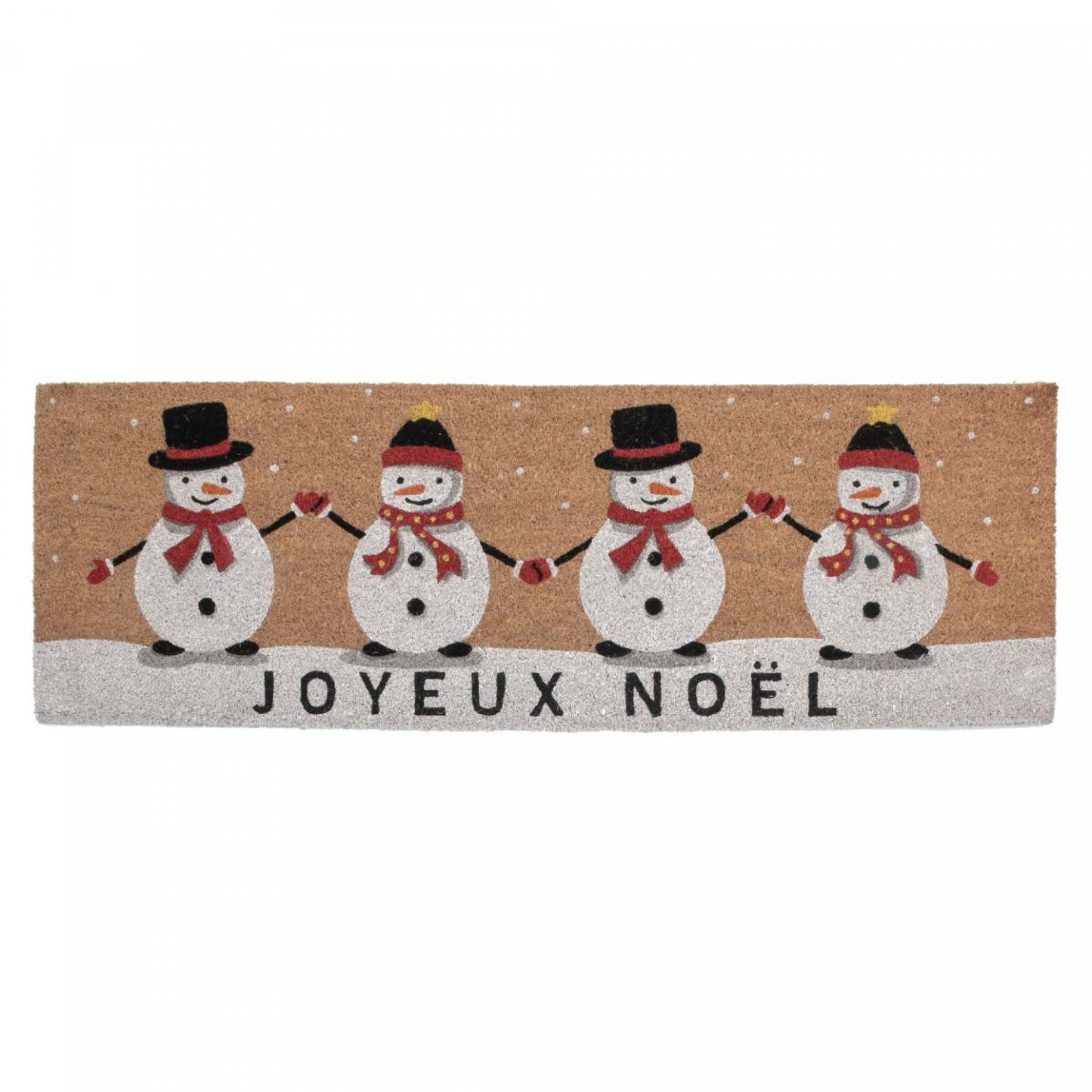 Paillasson en coco Quadruple Bonhomme de neige - Joyeux Noel 16 x 48 Tapis de sol|Paillasson en fibre de coco orné de quatre bonshommes de neige - « Joyeux Noël » 16 x 48