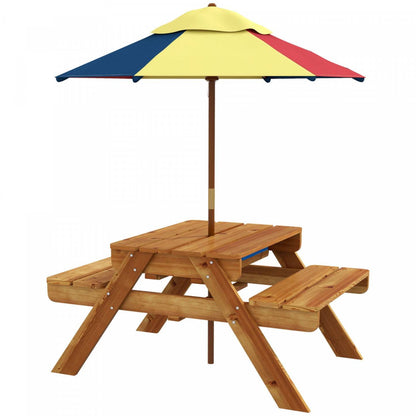 Outsunny Table De Pique-nique Pour Enfants, Table De Sable Et D'eau 3 En 1 En Bois Avec Parapluie Pliante Amovible