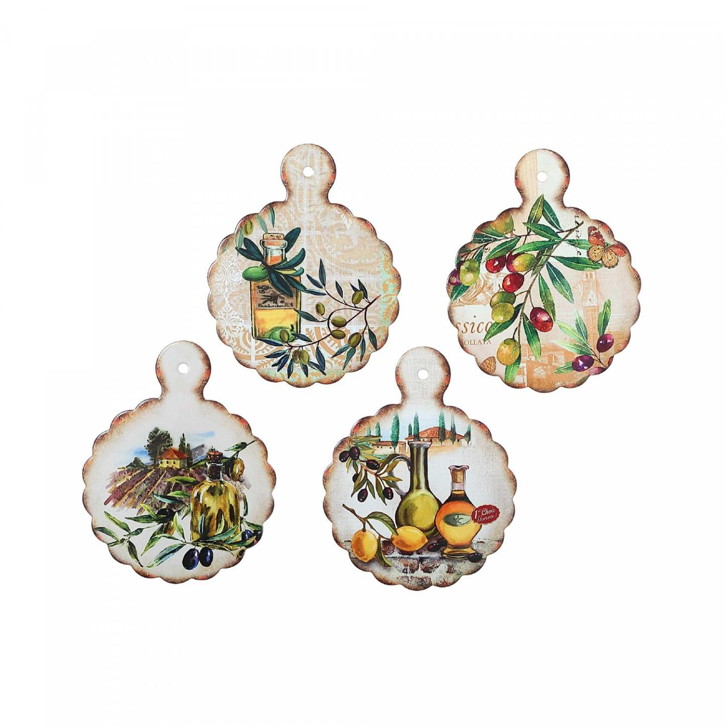 Round Paddle Board Ceramic Trivet Olives Coaster - Set of 4|Sous-plat rond en forme de pagaie orné d'olives, en céramique - ensemble de 4