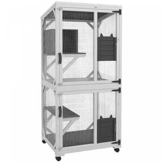 Pawhut Maison Extérieure pour Chats, Grande Enclos en Bois pour Chatons, Design Élevé, Avec Roues, Espace de Repos | Pawhut Cage de Jeu pour Chat, Design Surélevé, Avec Roues, Boîte de Repos, Résistant à l'Eau, Multi-