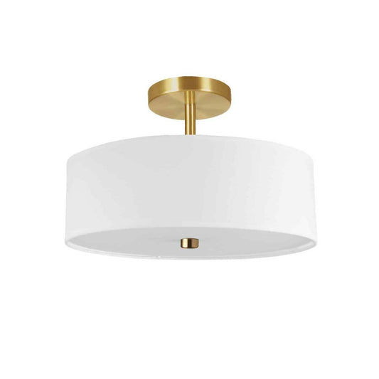 Dainolite Everly 3 Light Semi-flush Mount Aged Brass White Shade Lamp|Plafonnier semi-affleuré Everly de Dainolite avec abat-jour blanc, fini laiton vieilli et 3 ampoules