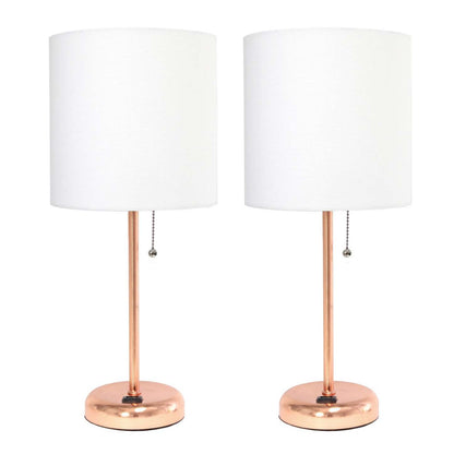 Lampe à bâton Limelights en or rose avec prise de recharge et abat-jour en tissu, ensemble de 2 lampes blanches | Ensemble de 2 lampes Limelights blanches avec pied haché en or rose et prise de recharge | D22XHVE1