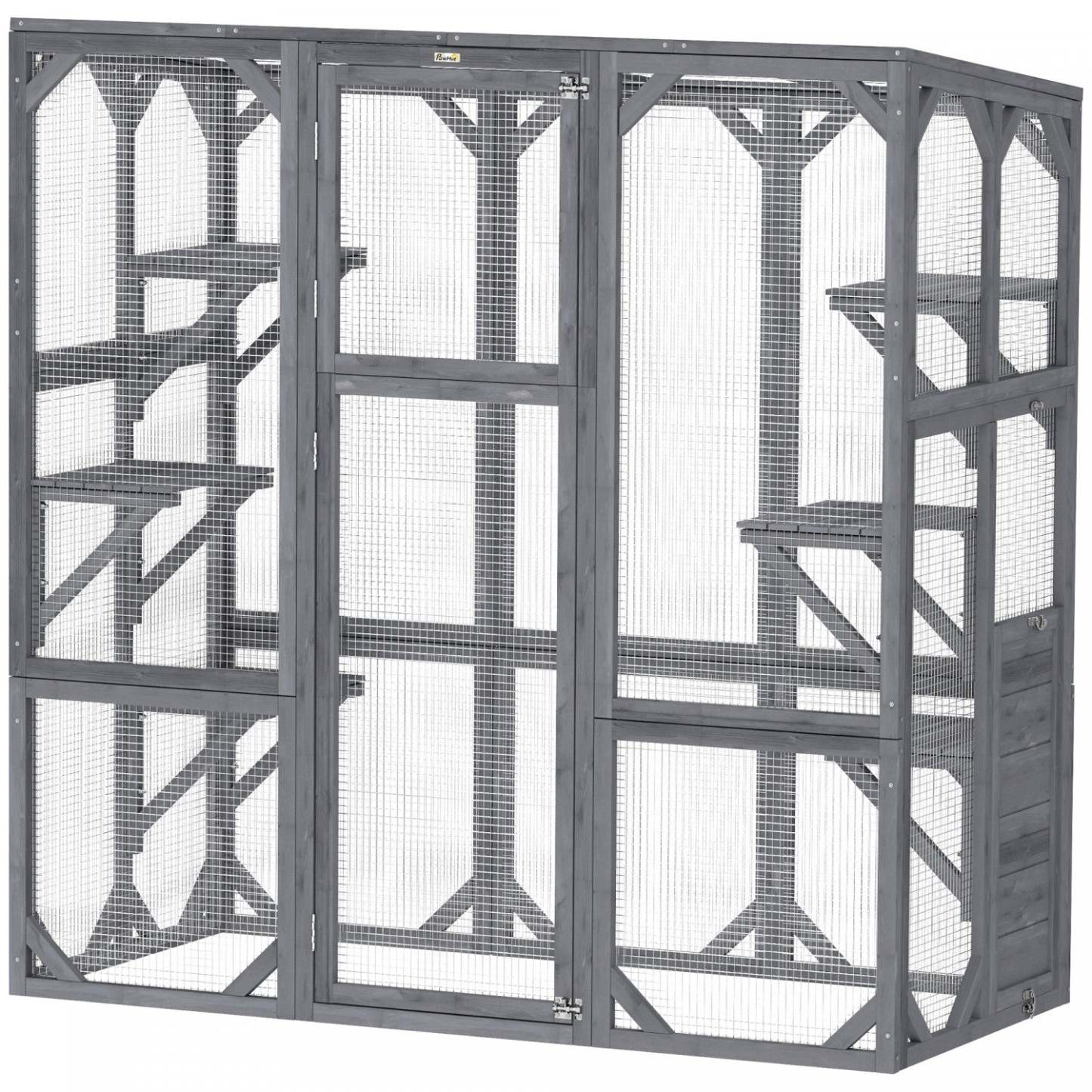 Catio Pawhut, Enclos extérieur pour chats avec 6 de saut, toit résistant aux intempéries, grande porte avant, cage en bois pour 1 à 3 chatons, 59 X 28 X 60, Gris