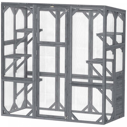 Catio Pawhut, Enclos extérieur pour chats avec 6 de saut, toit résistant aux intempéries, grande porte avant, cage en bois pour 1 à 3 chatons, 59 X 28 X 60, Gris