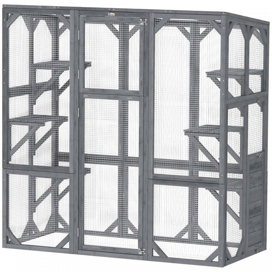 Catio Pawhut, Enclos extérieur pour chats avec 6 de saut, toit résistant aux intempéries, grande porte avant, cage en bois pour 1 à 3 chatons, 59 X 28 X 60, Gris