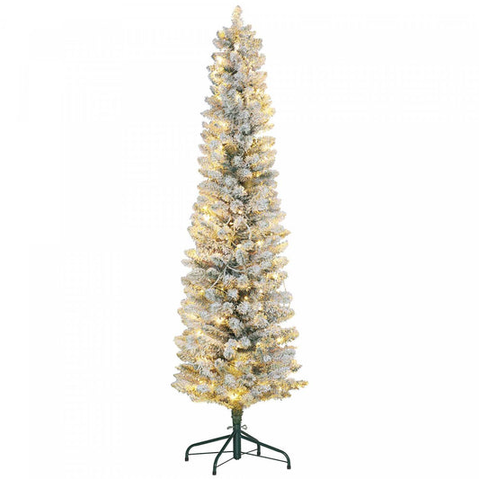 Homcom 6 Foot Snow Flocked Artificial Pencil Christmas Tree With Lights|Homcom Arbre De Noël Artificiel Floconné Enneigé De 6 Pieds Avec Lumières