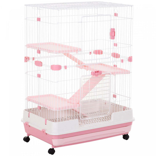 Pawhut 45h 4 niveaux Cage pour Petits Animaux, Clapier à Lapins avec Roues Universelles Bloquables, Plateau Amovible | Pawhut 43 h Cage Pour Petits Animaux, Cage À Lapin À 4 Niveaux Avec Support Roulant, Cage Pour Chinchilla