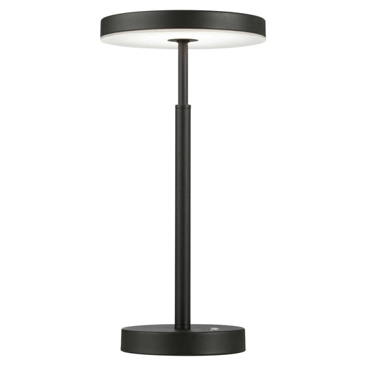 Lampe de table Francine de Dainolite en acrylique blanc qui diffuse la lumière, avec fini noir sablé et ampoule de 10 W