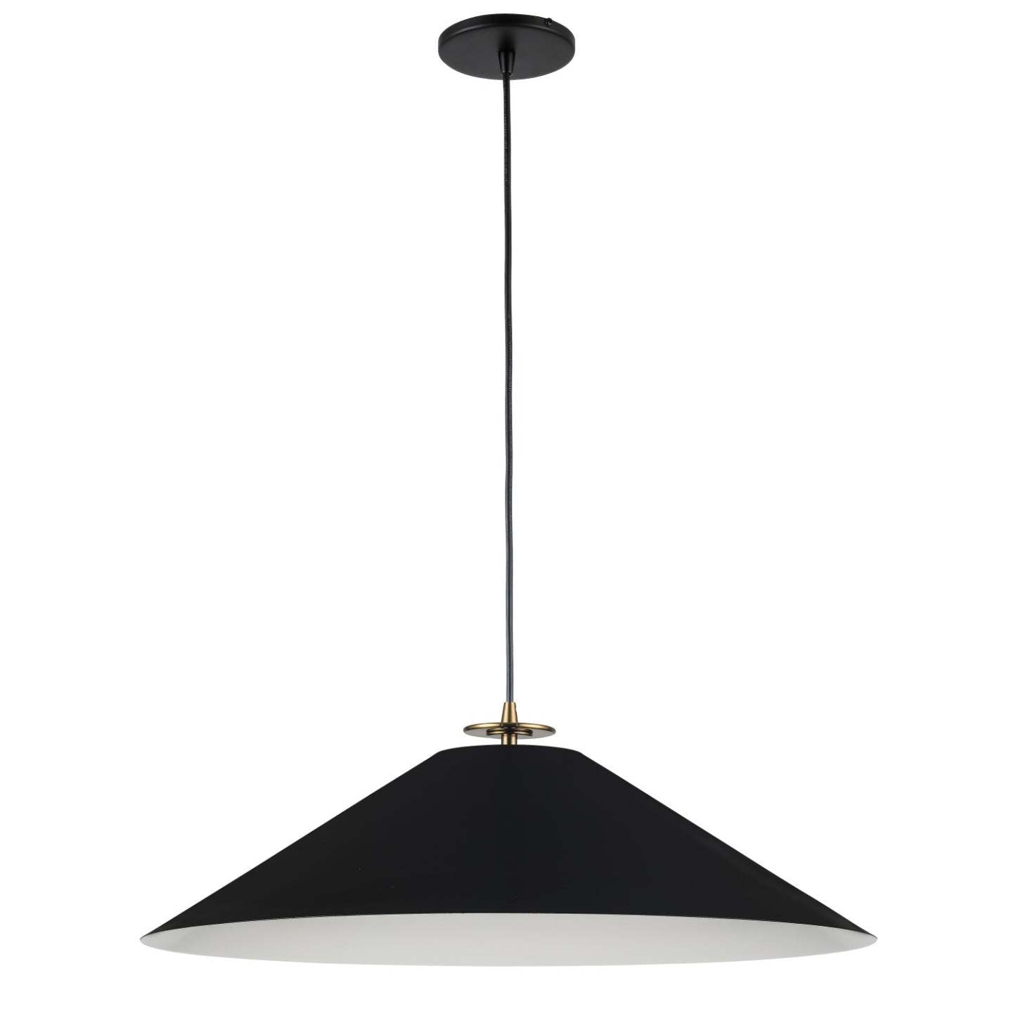 Dainolite Prudence 1 Light Pendant Aged Brass Finish Matte Black Shade Lamp|Luminaire suspendu Prudence de Dainolite avec abat-jour noir mat, fini laiton vieilli et 1 ampoule
