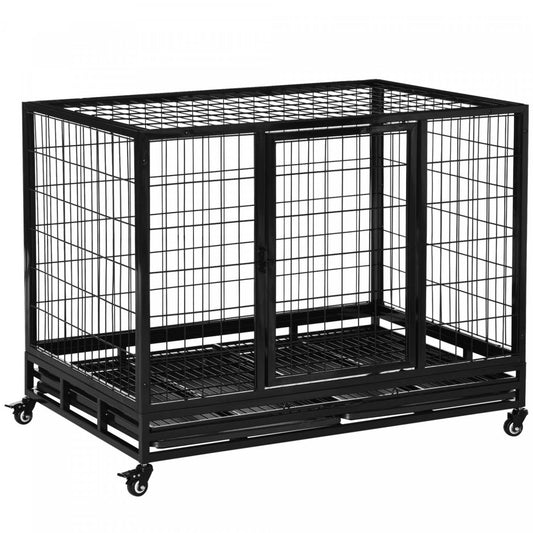 Pawhut Cage Pour Chiens De Grande Taille Avec Deux Portes, Roues Verrouillables, Plateau Amovible|Pawhut Cage Pour Chiens De Taille Moyenne Avec Deux Portes, Plateau A Roulettes Verrouillable, 42.9