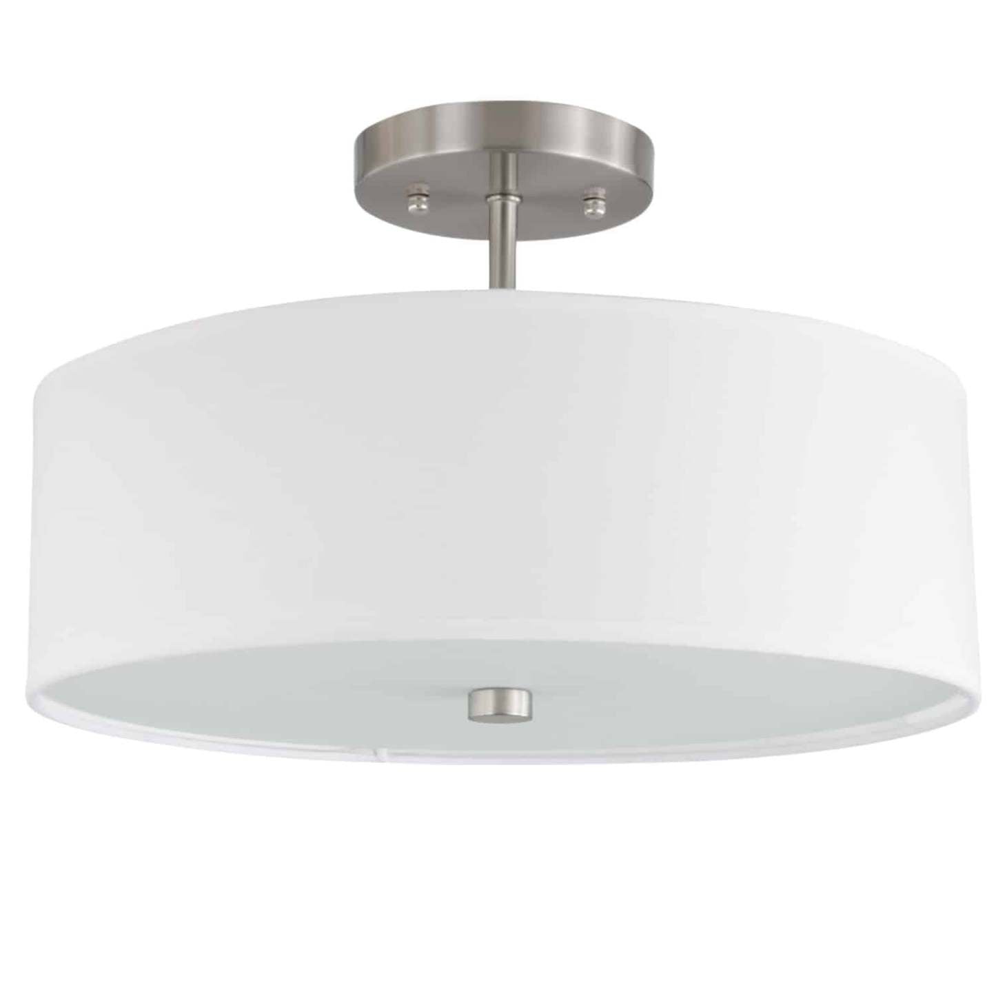 Dainolite Everly 3 Light Semi-flush Mount Satin Chrome Finish White Shade Lamp|Plafonnier semi-affleuré Everly de Dainolite avec abat-jour blanc, finition chromée satinée et 3 ampoules