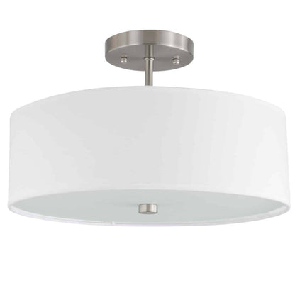 Dainolite Everly 3 Light Semi-flush Mount Satin Chrome Finish White Shade Lamp|Plafonnier semi-affleuré Everly de Dainolite avec abat-jour blanc, finition chromée satinée et 3 ampoules
