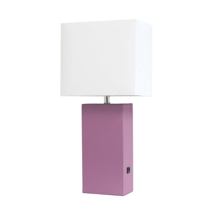Lampe de table moderne Elegant Designs en cuir avec USB et abat-jour en tissu blanc, violet|Lampe de table moderne Elegant Designs en cuir avec USB, violette|D22EPHUD