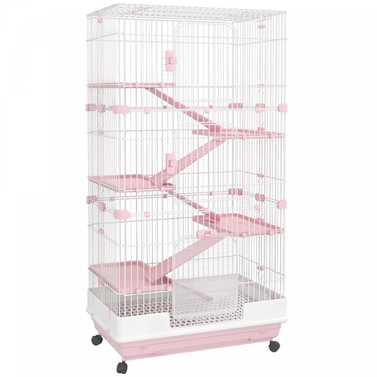 Pawhut 63h 6 niveaux Cage pour Petits Animaux avec Roues Universelles Bloquables, Plateau Amovible Fo|Pawhut Cage Pour Petits Animaux 60 Avec Roulettes, Cage À Lapin Portable À 6 Niveaux, Cage À Furet