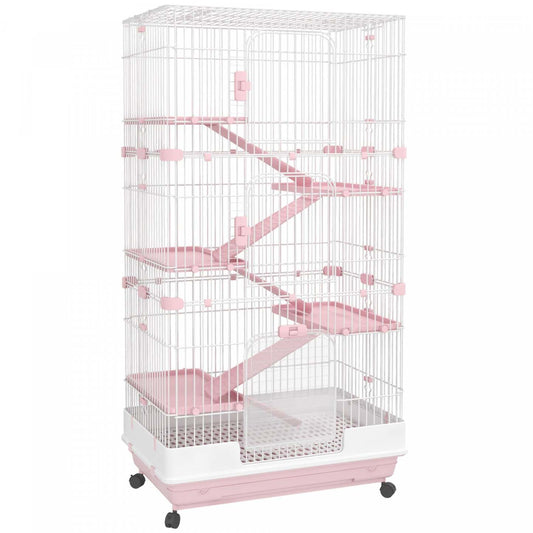Pawhut 63h 6 niveaux Cage pour Petits Animaux avec Roues Universelles Bloquables, Plateau Amovible Fo|Pawhut Cage Pour Petits Animaux 60 Avec Roulettes, Cage À Lapin Portable À 6 Niveaux, Cage À Furet