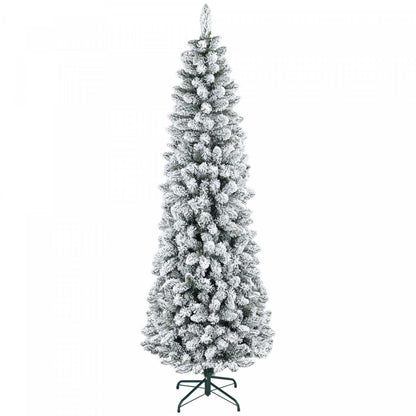Homcom 7ft Flocked Pencil Artificial Christmas Tree With Steel Base, Green|Homcom Arbre de Noël Artificiel Floconné de 7 Pieds avec Base en Acier, Vert