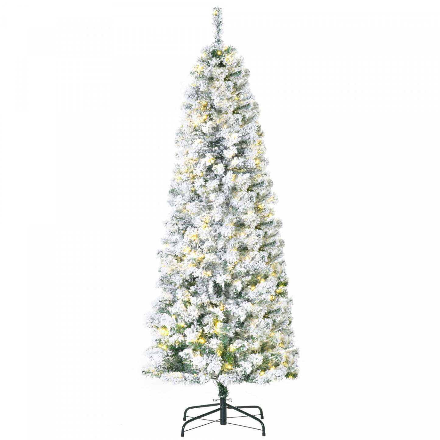 Homcom Arbre De Noël En Forme De Crayon Floqué De Neige Artificielle Pré-éclairé De 6 Pieds Avec 250 Lumières LED Blanc Chaud Et 462 Pointes De Branche