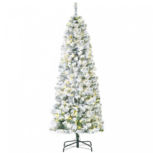 Homcom Arbre De Noël En Forme De Crayon Floqué De Neige Artificielle Pré-éclairé De 6 Pieds Avec 250 Lumières LED Blanc Chaud Et 462 Pointes De Branche