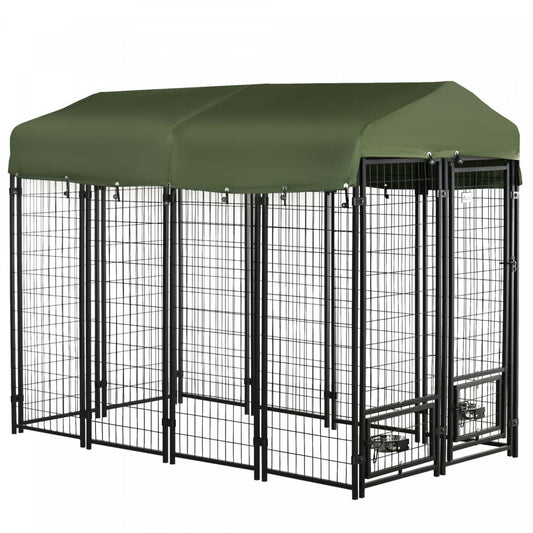 Pawhut Niche D'exterieur Pour Chien, Enclos Pour Animaux Avec Verrouillage, Clôture En Acier Soudé, Avec Résistance À L'eau Et Aux Uv | Pawhut Niche D'extérieur Pour Chien De 8' X 4' X 6' Avec Supports De Gamelle Rotatifs, Parc Pour Ani