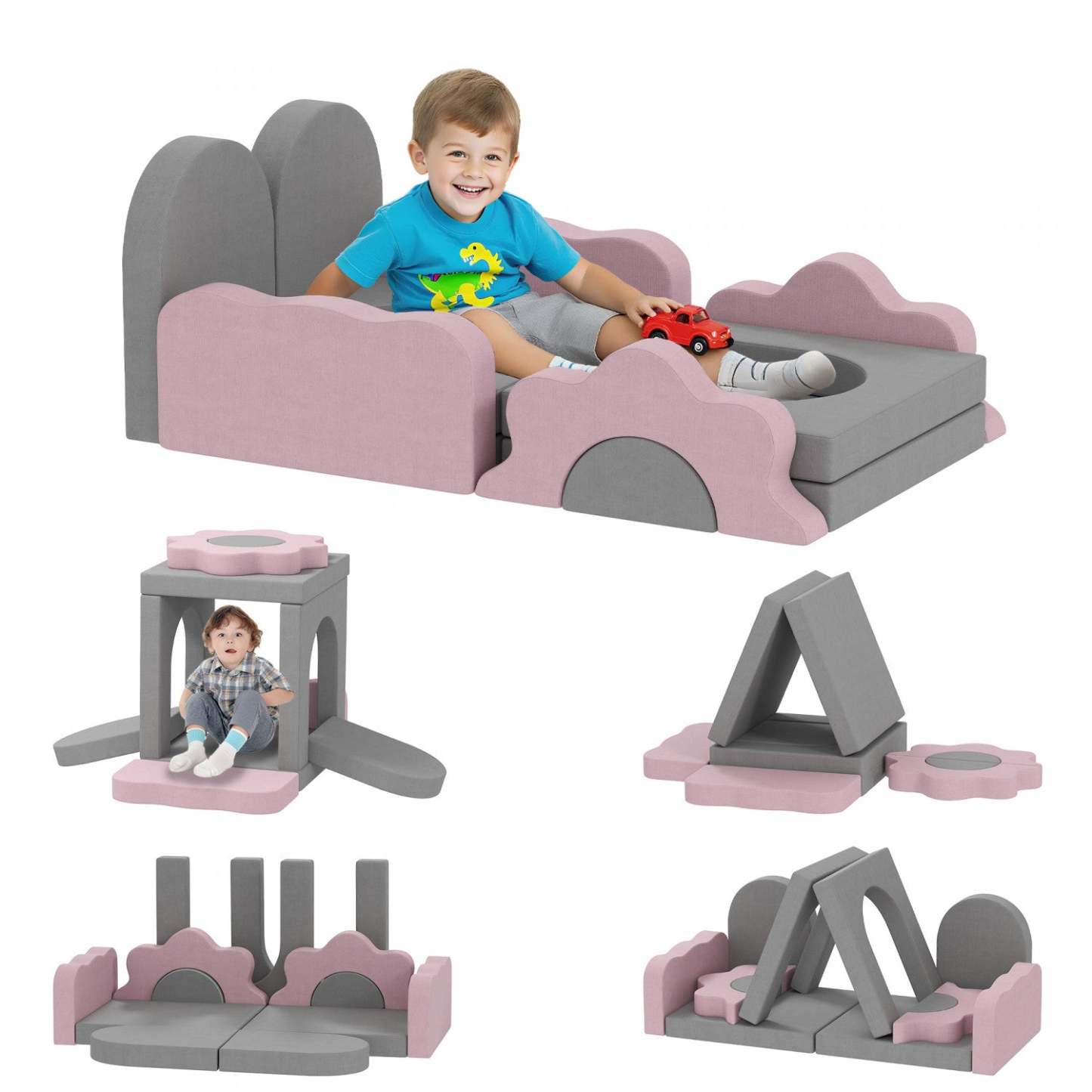 Qaba 12pcs Canapé Modulaire pour Enfants, Jouets d'Escalade pour Tout-Petits, Blocs d'Escalade en Mousse avec Piscine à Balles (balles non incluses), Ensemble d'Activités d'Escalade et de Rampement Intérieur, Gris