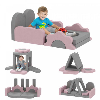 Qaba 12pcs Canapé Modulaire pour Enfants, Jouets d'Escalade pour Tout-Petits, Blocs d'Escalade en Mousse avec Piscine à Balles (balles non incluses), Ensemble d'Activités d'Escalade et de Rampement Intérieur, Gris