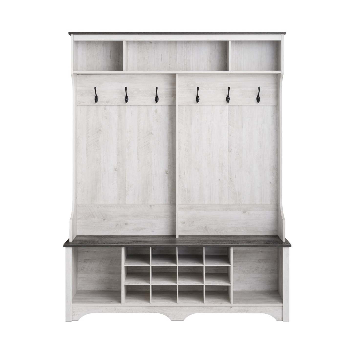 Rustic Ridge Farmhouse Entryway Storage Cabinet with Shoe Cubbies & Coat Hooks - Washed White|Armoire de rangement Rustic Ridge champêtre pour l’entrée avec compartiments pour chaussures et crochets à manteaux - blanc vieilli