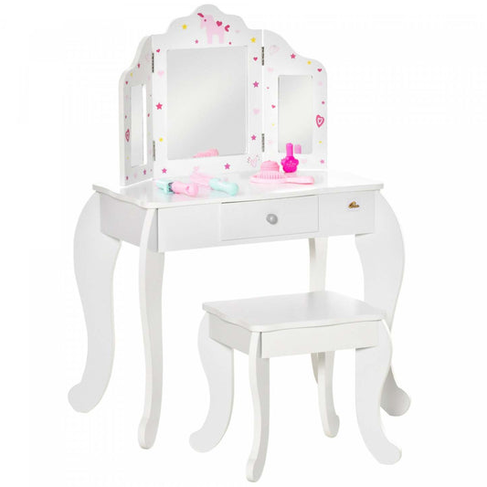 Qaba Kids Vanity Table & Stool Girls Dressing Set Make Up Desk With Tri-folding Mirrors Drawer Star | Qaba Coiffeuse Et Tabouret Pour Enfants Ensemble De Coiffure Pour Filles Bureau De Maquillage Avec Miroirs Tri-pliables Tiroir Étoile