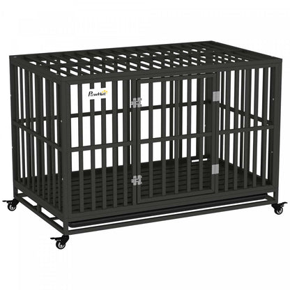 Pawhut Cage Pour Chien En Acier Robuste Avec Roulettes Pour La Portabilité Et Une Porte Pour Un Accès
