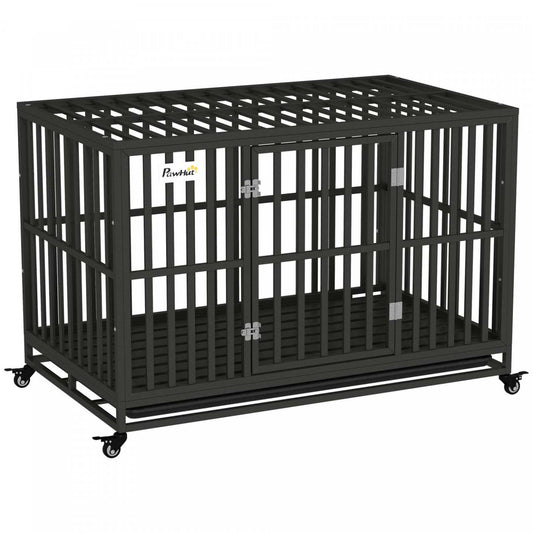 Pawhut Cage Pour Chien En Acier Robuste Avec Roulettes Pour La Portabilité Et Une Porte Pour Un Accès