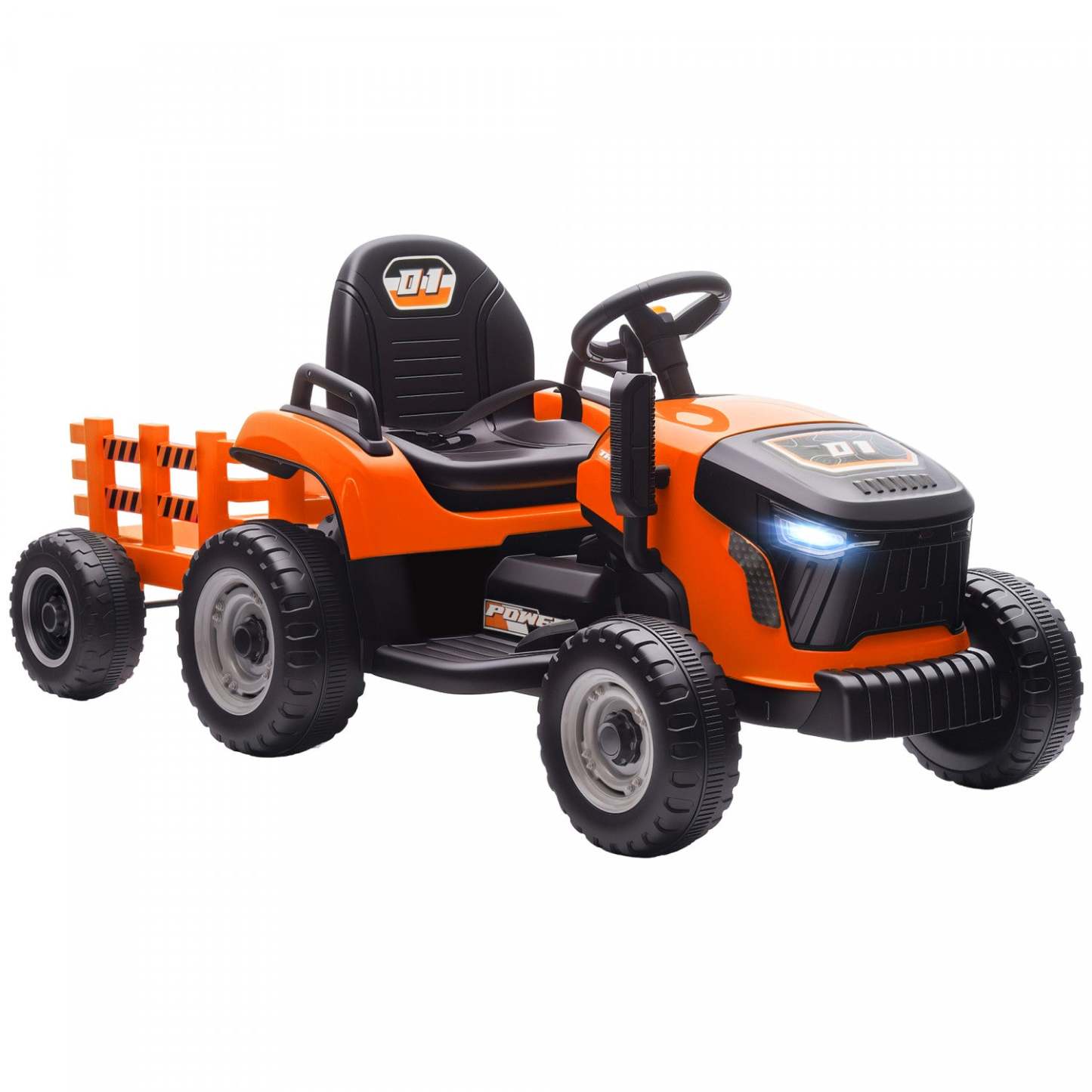 Qaba Kids Tracteur à Pousser avec Remorque, Voiture Électrique Alimentée par Batterie 12v avec Télécommande, Musique, Lumières, Boîte de Vitesses, Véhicule Électrique pour Enfants de 3 à 8 Ans, Orange
