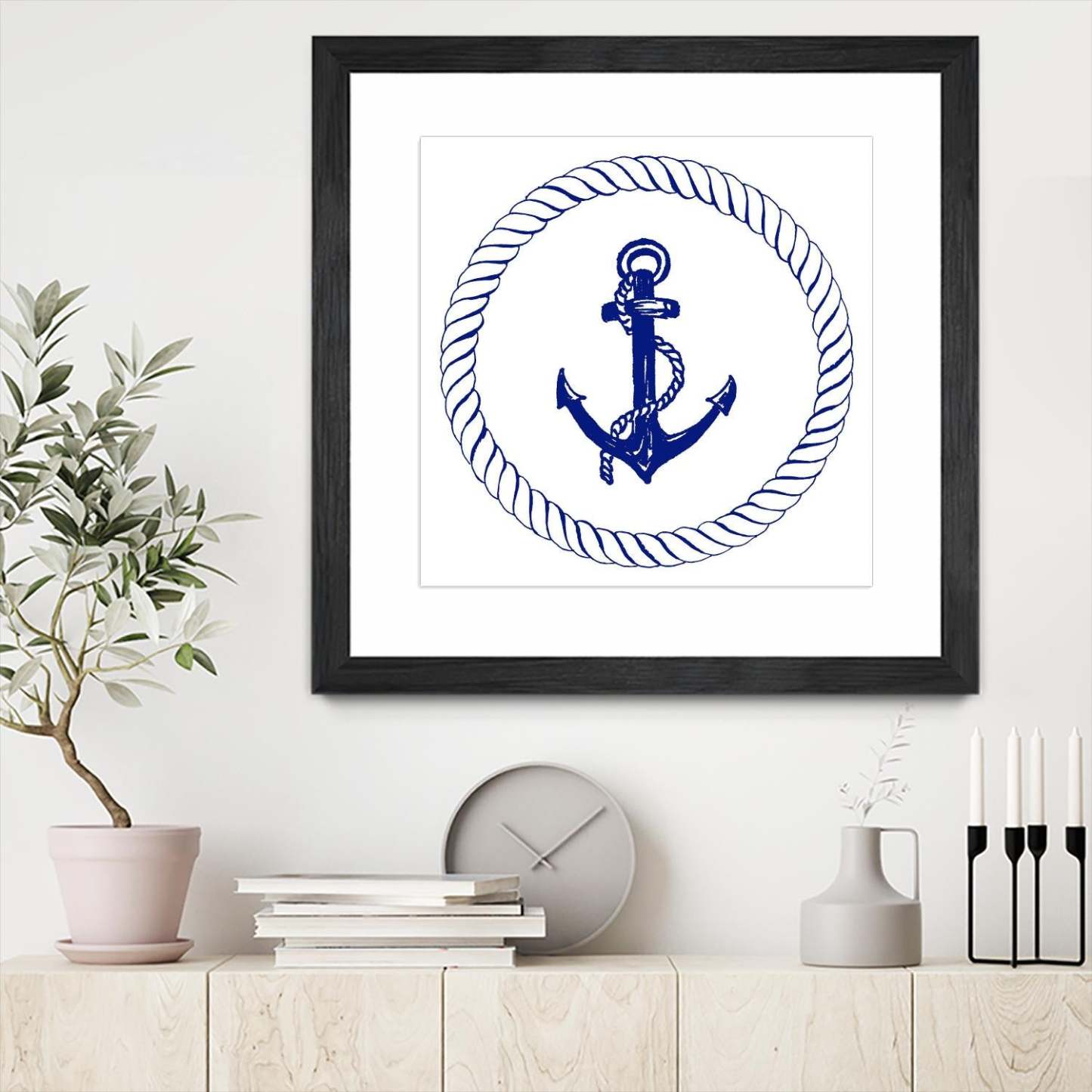 Œuvre d’art murale encadrée noire et mate « Blue Nautical Circle I » 30 x 30