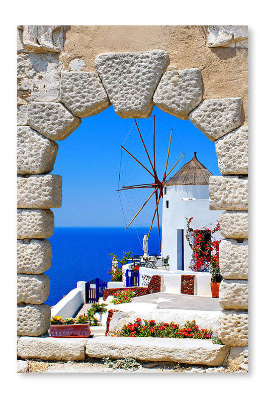 Windmill Through An Old Window In Santorini Island 28x42 Wall Art Frame And Fabric Panel| Windmill Through An Old Window In Santorini Island 28 po x 42 po : Cadre d'art mural et panneau de tissu|D44G6F9O