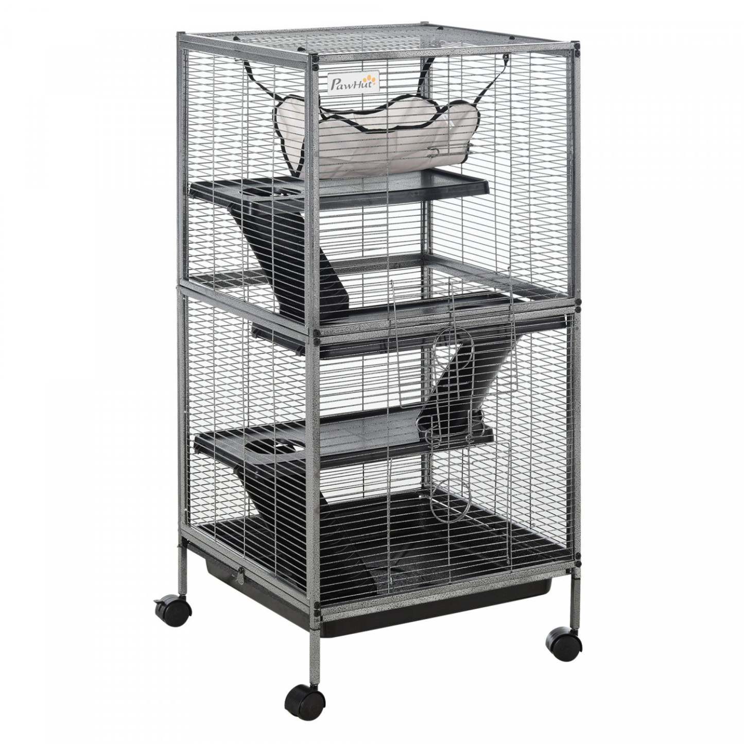 Pawhut Cage à Roulettes 4 Niveaux pour Petits Animaux, Maison de Jeu pour Animaux de Compagnie avec Hamac | Cage Portable pour Petits Animaux avec 2 Portes, Hamac Métal Pp 52 X 52 X 113,5 Cm Gris