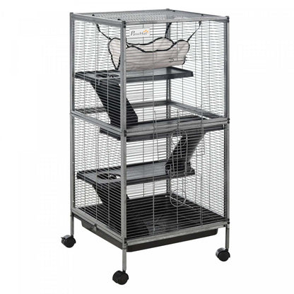 Pawhut Cage à Roulettes 4 Niveaux pour Petits Animaux, Maison de Jeu pour Animaux de Compagnie avec Hamac | Cage Portable pour Petits Animaux avec 2 Portes, Hamac Métal Pp 52 X 52 X 113,5 Cm Gris