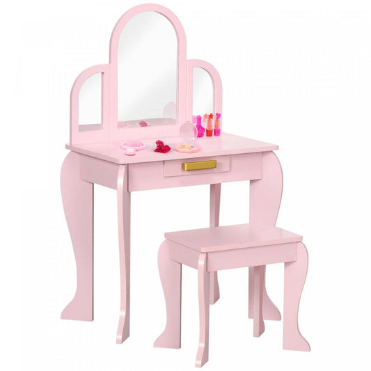 Qaba Ensemble Table De Maquillage Et Chaise, Ensemble De Coiffure Pour Filles, Bureau De Maquillage Avec Tiroir Pour Enfants De 3 À 6 Ans