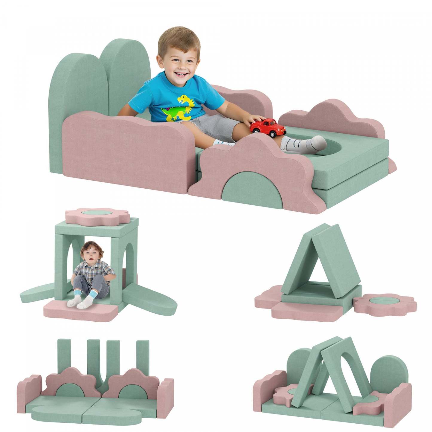 Qaba 12pcs Modular Kids Play Couch, Jouets d'escalade pour tout-petits, Blocs d'escalade en mousse avec fosse à balles (balles non incluses), Ensemble d'activités d'escalade et de rampement en intérieur, Vert