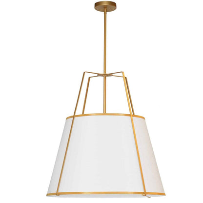 Dainolite Trapezoid 3 Light Pendant Trapezoid Gold/White Shade White Fabric Diffuser Lamp|Luminaire suspendu Trapezoid de Dainolite avec abat-jour trapézoïde doré et blanc qui diffuse la lumière, tissu blanc et 3 ampoules
