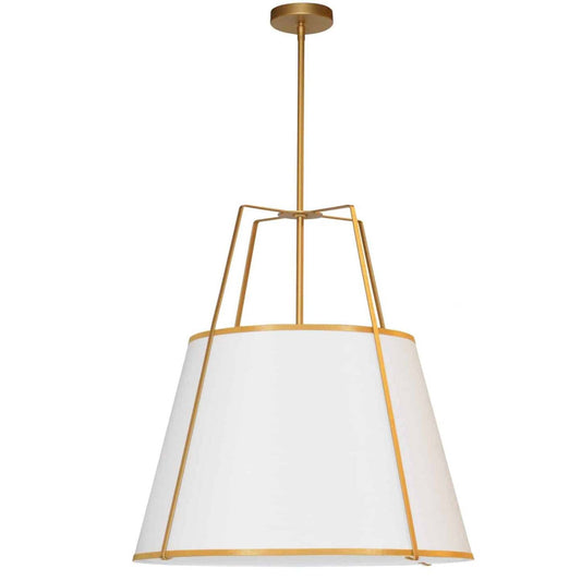 Dainolite Trapezoid 3 Light Pendant Trapezoid Gold/White Shade White Fabric Diffuser Lamp|Luminaire suspendu Trapezoid de Dainolite avec abat-jour trapézoïde doré et blanc qui diffuse la lumière, tissu blanc et 3 ampoules