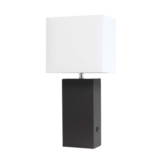 Lampe de table moderne Elegant Designs en cuir avec USB et abat-jour en tissu blanc, noire|Lampe de table moderne Elegant Designs en cuir avec USB, noire|D22R5BP1