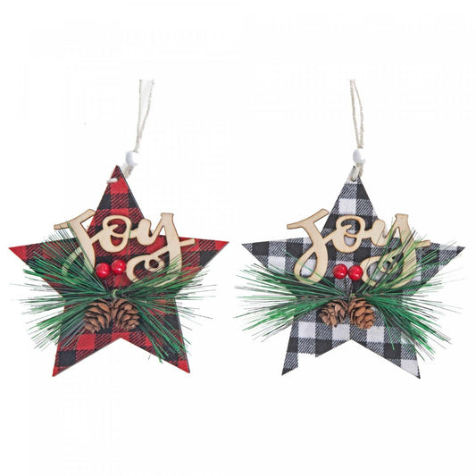 Buffalo Plaid Joy on Star Wood Ornament - Set of 12 Christmas Ornaments|Ornement en bois « Joy » sur étoile à point à carreaux - ensemble de 12 ornements de Noël