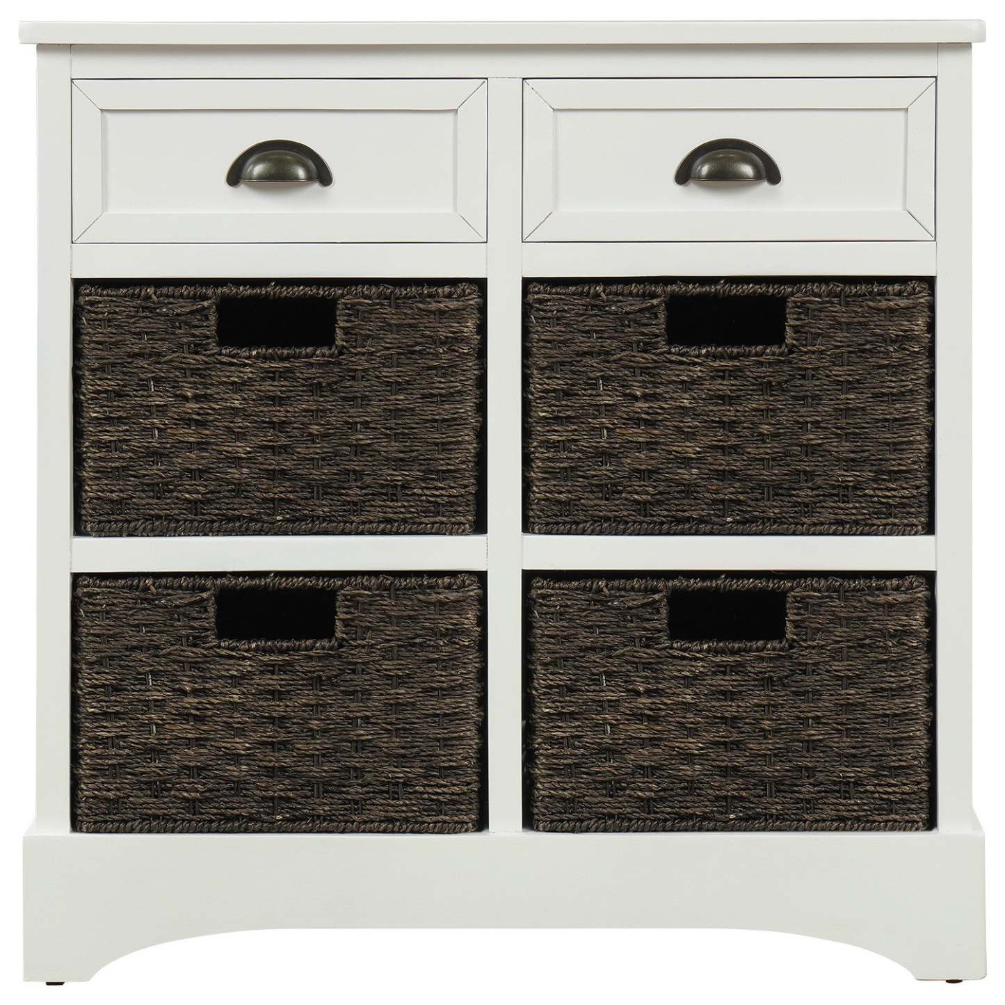 Armoire de rangement en bois massif Tobey avec 2 tiroirs et 4 paniers en rotin, armoire d'appoint blanche | Buffet De Rangement Tobey En Bois Massif Avec 2 Tiroirs Et 4 Paniers En Rotin, Blanc