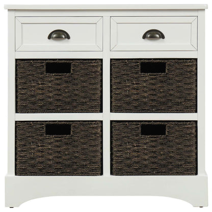 Armoire de rangement en bois massif Tobey avec 2 tiroirs et 4 paniers en rotin, armoire d'appoint blanche | Buffet De Rangement Tobey En Bois Massif Avec 2 Tiroirs Et 4 Paniers En Rotin, Blanc
